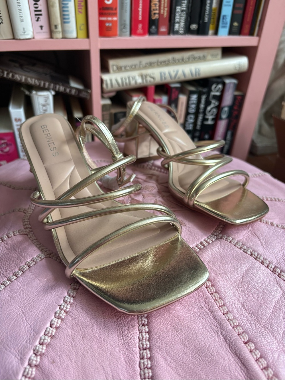 Gold Strappy Square-Toe Mid Heel Sandals